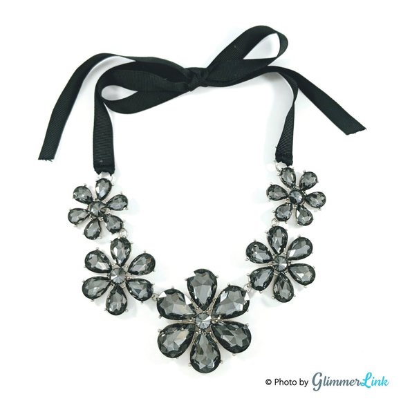 Jewelry - Floral Crystal Bib Statement Black Ribbon Necklace